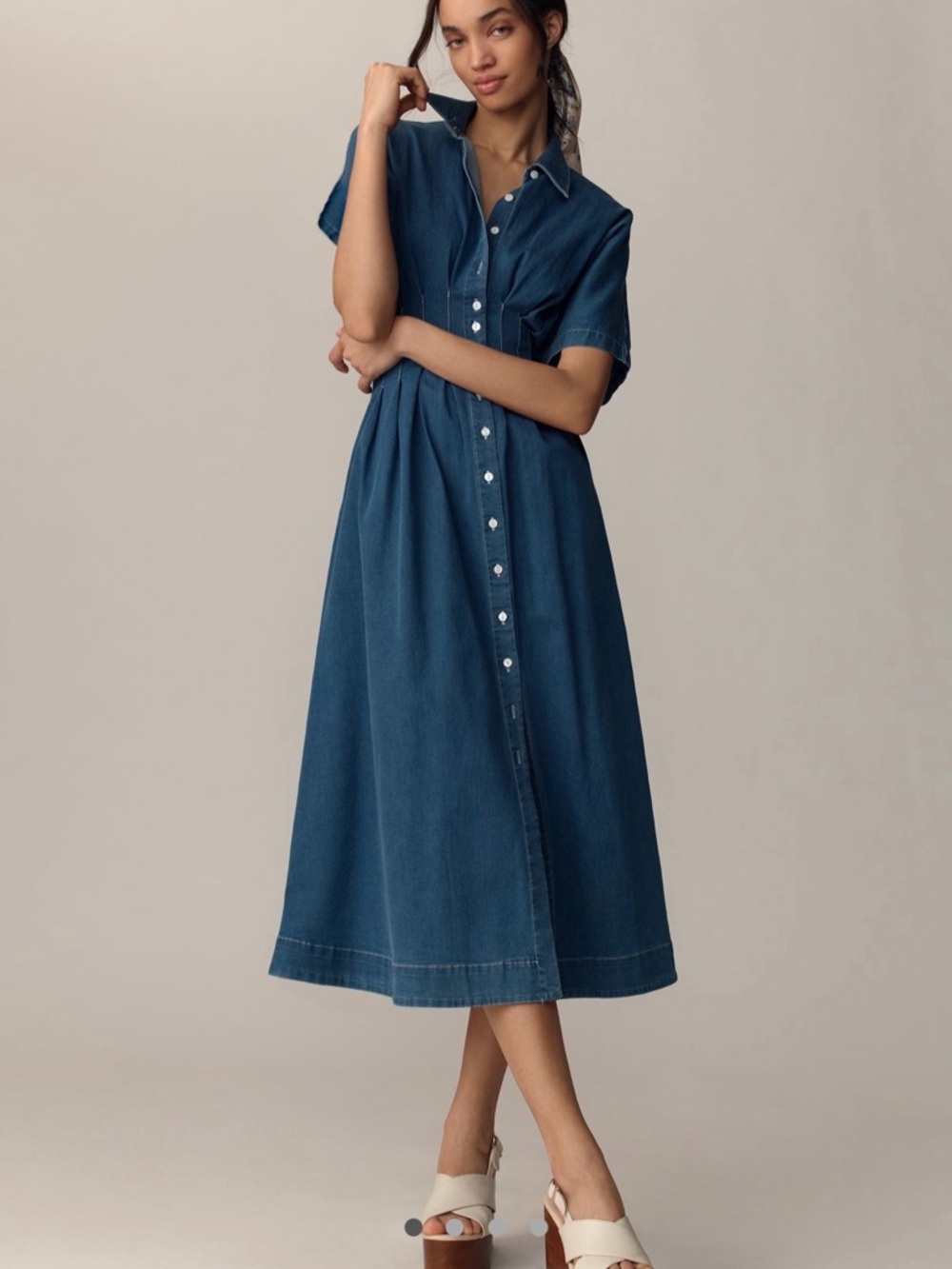 Button-Front Midi Shirt Dress in Denim Blue